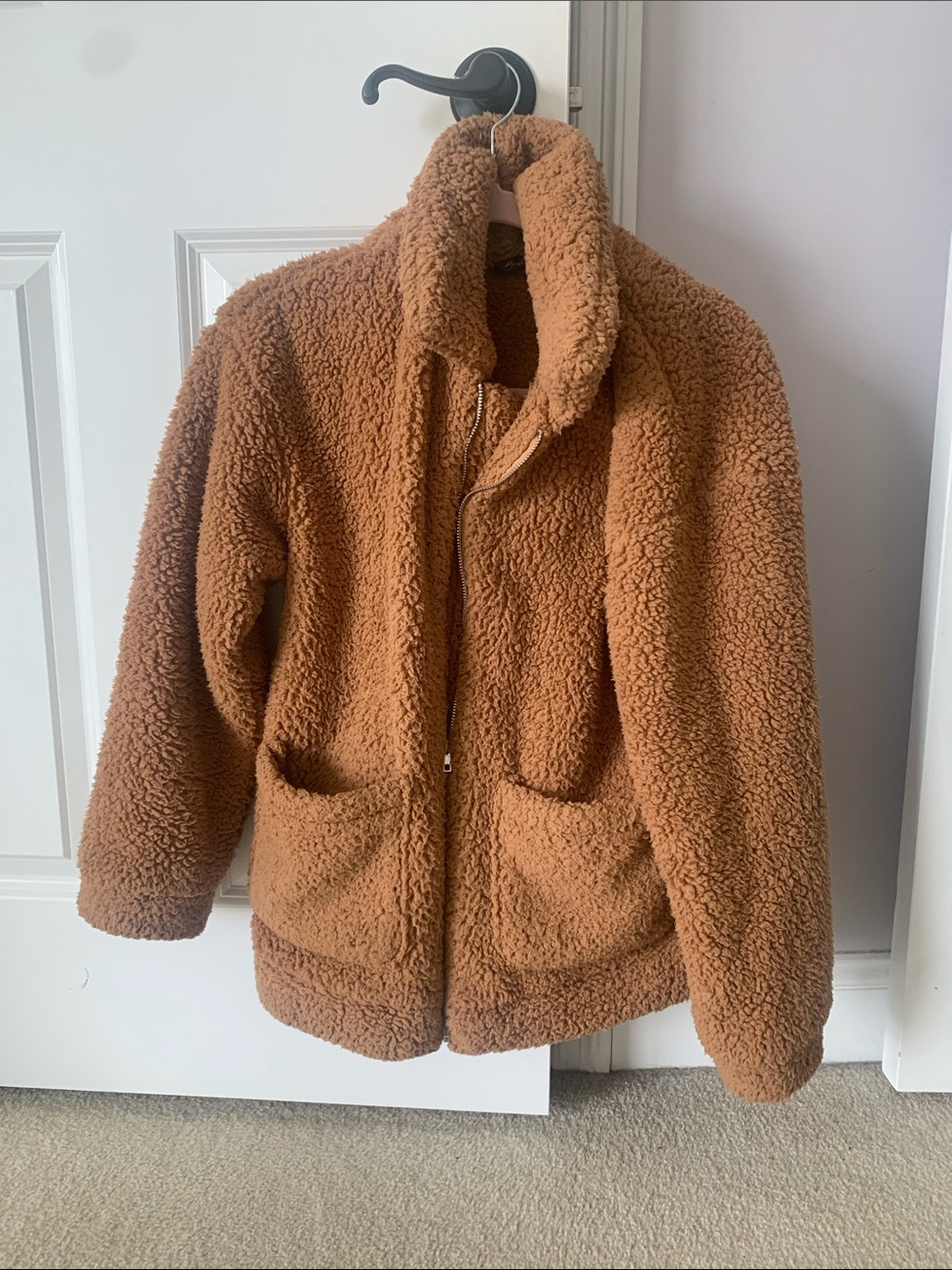 Cozy Textured Teddy Zip Jacket - Camel Brown